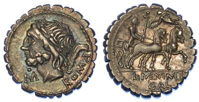 Memmia. Denario Serrato. L. Memmius Galerius, 106 a.C.