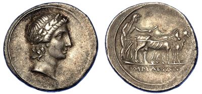 Ottaviano, 44-27 a.C. Denario, Autunno 30-estate 29. Conio Incerto in Italia (roma?)