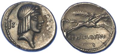 Calpurnia. C. Calpurnius Piso Frugi, 67 a.C. Denario.