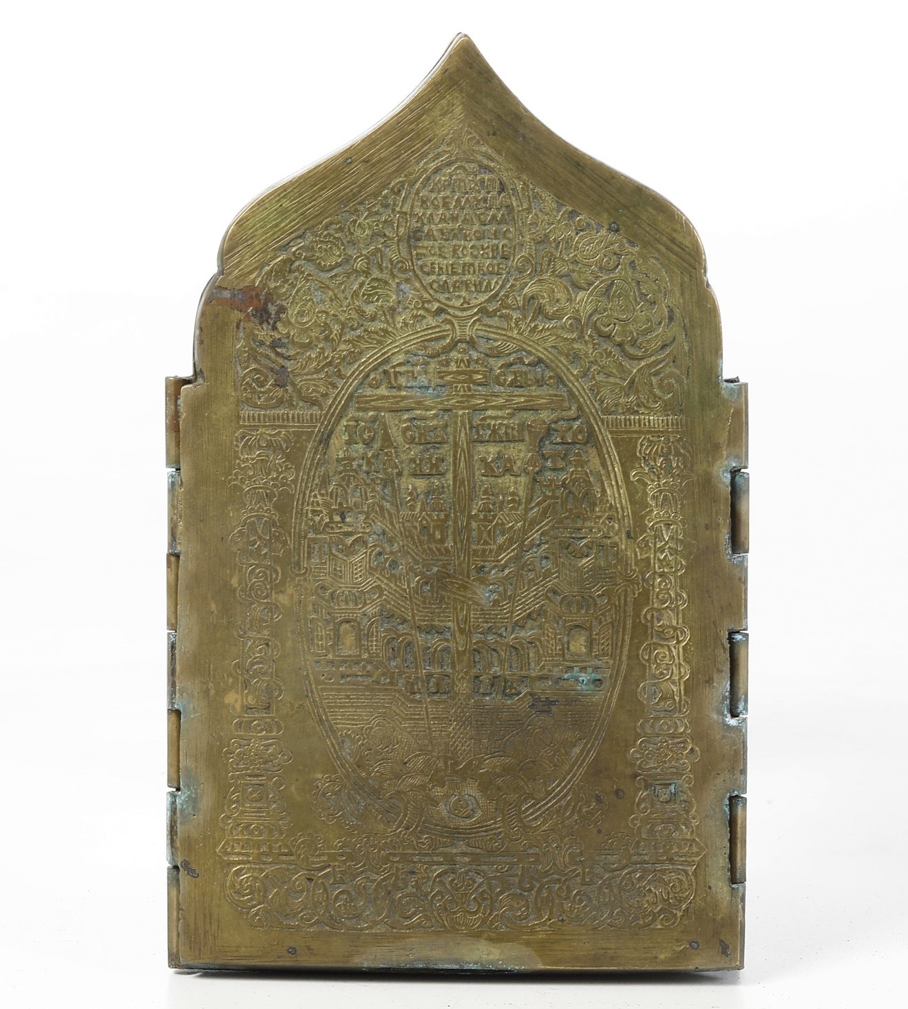 Icona da Viaggio in Bronzo Raffigurante Scene del Vangelo e Scene della Tradizione Cristiana. Rus...