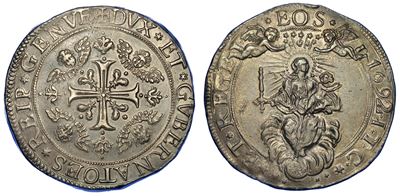 Genova. Dogi Biennali, 1528-1797. Serie della III Fase, 1637-1797. da 2 Scudi 1692. Sigle Itc.