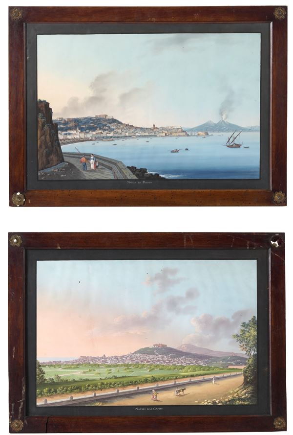 Coppia di dipinti, vedute di Napoli. Pittore del XIX secolo Napoli da Posillipo e Napoli dal Campo