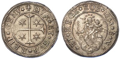 Genova. Dogi Biennali, 1528-1797. Serie della III Fase, 1637-1797. Mezzo Scudo 1651.