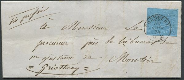 1854, Sardegna, 20c, azzurro II em. (S. 5) ben marginato, su lettera.