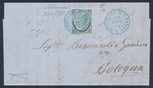 1865, S. Marino, Precursori, lettera da S. Marino per Bologna del 30 dicembre 1865, affrancata con 20 cent. “Ferro di cavallo” del I tipo (E8)