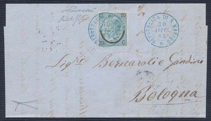 1865, S. Marino, Precursori, lettera da S. Marino per Bologna del 30 dicembre 1865, affrancata con 20 cent. “Ferro di cavallo” del I tipo (E8)  - Auction Postal History and Philately - Cambi Casa d'Aste
