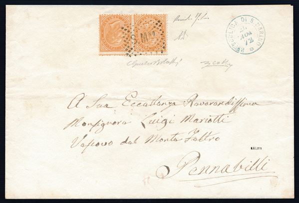 1872, S. Marino, Precursori, busta da S. Marino per Pennabilli, del 26/11/1872, affrancata con coppia  [..]