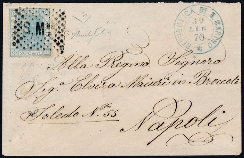 1870, S. Marino, Precursori, bustina per Napoli del 30 luglio 1870, affrancata con 20c. d’Italia (F11L),  - Auction Postal History and Philately - Cambi Casa d'Aste