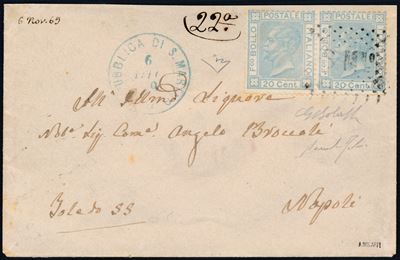 1869, S. Marino, Precursori, Bustina per Napoli del 6 Dicembre 1869, Affrancata con Coppia del 20...