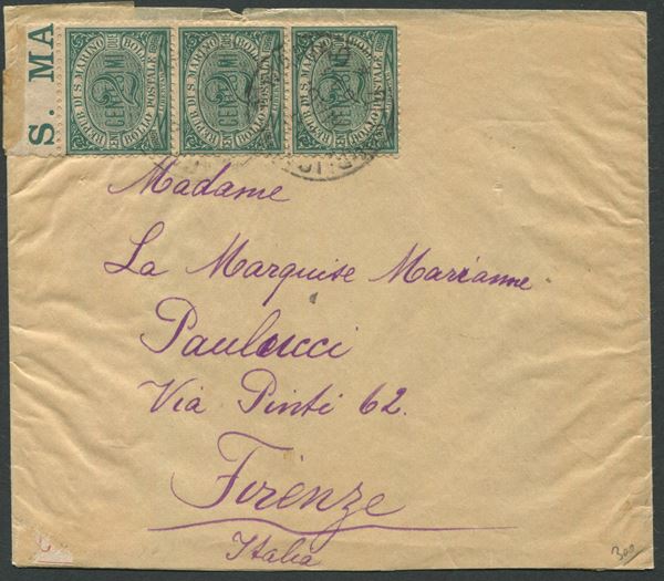 1888, S.Marino, fascetta per Firenze affrancata con striscia di tre del 2c. verde (1)