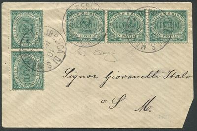 1894, San Marino, Bustina per L’interno, Affrancata con Coppia e Striscia di Tre del 2c. (1)