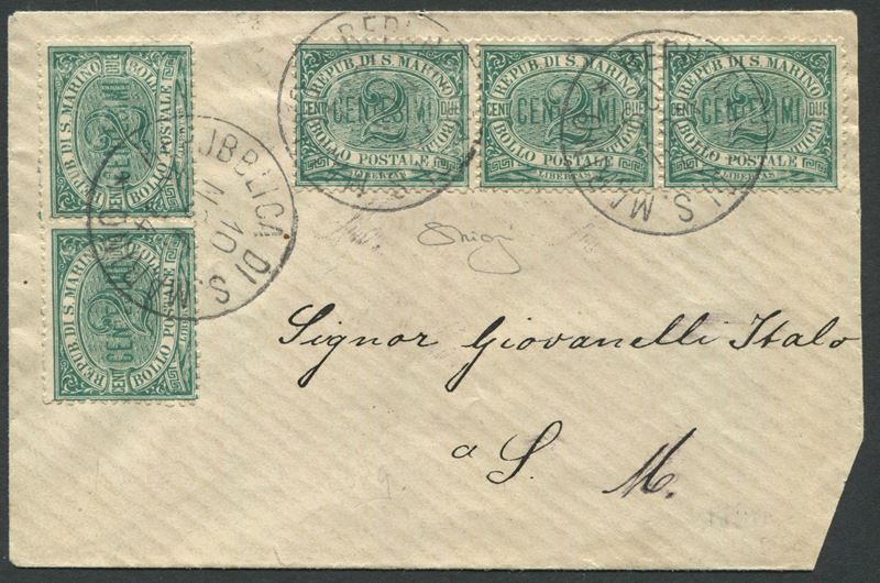 1894, San Marino, bustina per l’interno, affrancata con coppia e striscia di tre del 2c. (1)  - Auction Postal History and Philately - Cambi Casa d'Aste