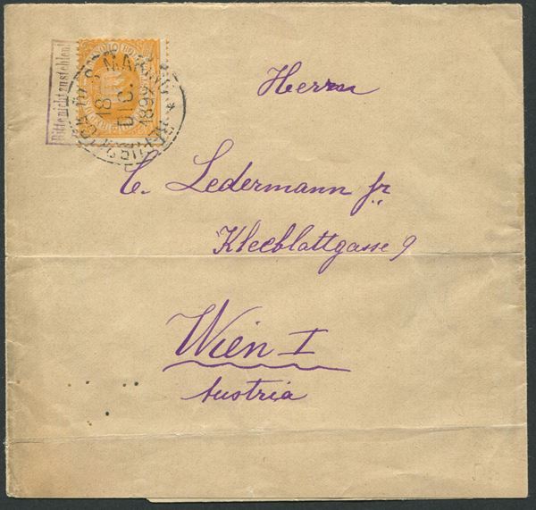 1892, S.Marino, fascetta per stampe per Vienna, affrancata con 5c. giallo arancio (2a).