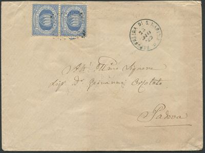 1879, S.marino, Busta per Padova Affrancata con Coppia del 10c. Azzurro (3)