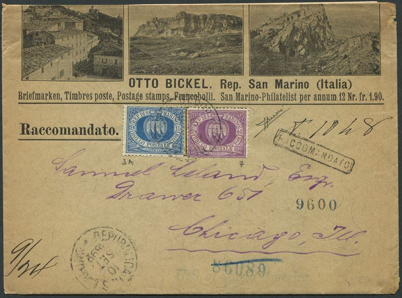 1892, S.Marino, Busta illustrata raccomandata, diretta a Chicago ed affrancata con 10c. e 40c. (3a, 7)  - Auction Postal History and Philately - Cambi Casa d'Aste