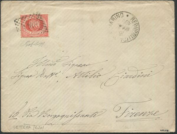 1887, S.Marino, Busta per Firenze del 3 maggio 1887, affrancata con 20 cent. rosso (4)