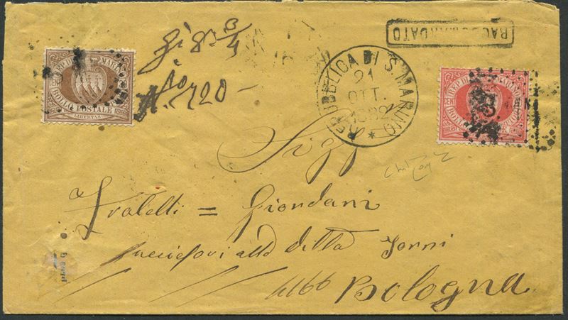 1882, S.Marino, Raccomandata per Bologna, affrancata con 20 c. rosso e 30 c. bruno chiaro (4, 6a)  - Auction Postal History and Philately - Cambi Casa d'Aste