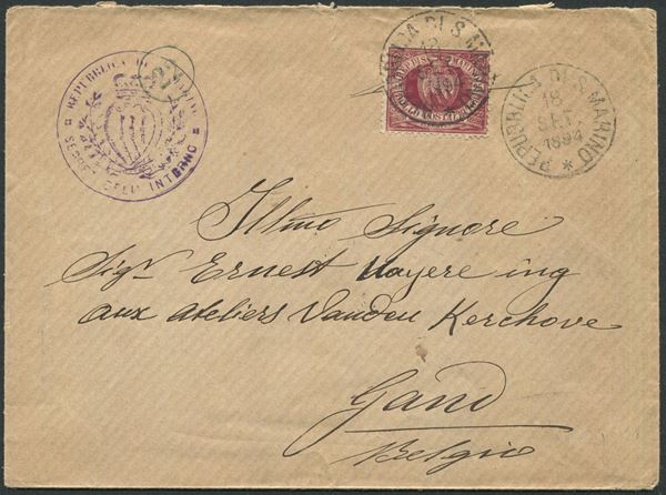 1894, S.Marino, Busta per Gand (Belgio) affrancata per 25c. (5)