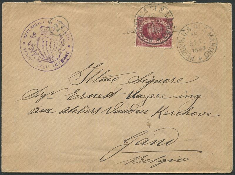 1894, S.Marino, Busta per Gand (Belgio) affrancata per 25c. (5)  - Auction Postal History and Philately - Cambi Casa d'Aste
