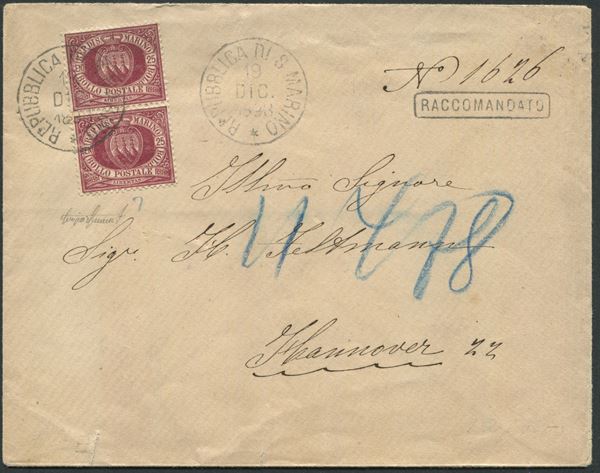 1898, S.Marino, Raccomandata per Hannover, affrancata con coppia del 25 c. lacca (5)