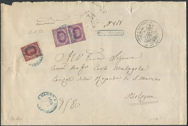 1891, S.Marino, Grande busta raccomandata per Bologna del 24 dicembre 1891, affrancata con cent. 25 lacca e coppia del 40 cent. lilla scuro (5+7)  - Asta Storia Postale e Filatelia - Cambi Casa d'Aste