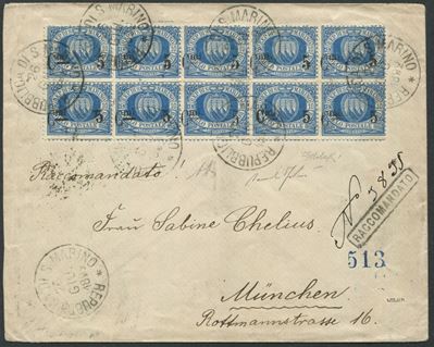 1892, S.marino, Busta per Monaco, Affrancata con Blocco di Dieci del 10 Cent. Azzurro Soprastampa...
