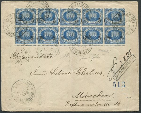 1892, S.Marino, Busta per Monaco, affrancata con blocco di dieci del 10 cent. azzurro soprastampato “Cent.mi 5” (8)