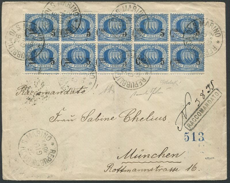 1892, S.Marino, Busta per Monaco, affrancata con blocco di dieci del 10 cent. azzurro soprastampato “Cent.mi 5” (8)  - Auction Postal History and Philately - Cambi Casa d'Aste