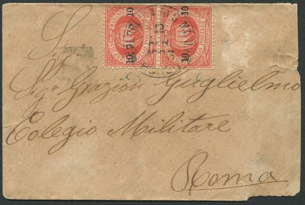 1893, S. Marino, piccola busta per Roma del 2 aprile 1893, affrancata con coppia del 20 cent. rossi soprastampati “10-10” (11)