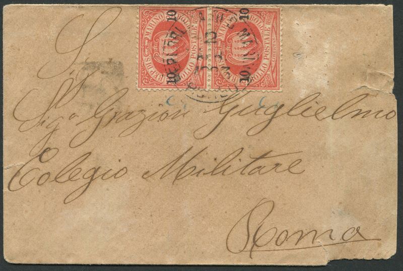 1893, S. Marino, piccola busta per Roma del 2 aprile 1893, affrancata con coppia del 20 cent. rossi soprastampati “10-10” (11)  - Asta Storia Postale e Filatelia - Cambi Casa d'Aste