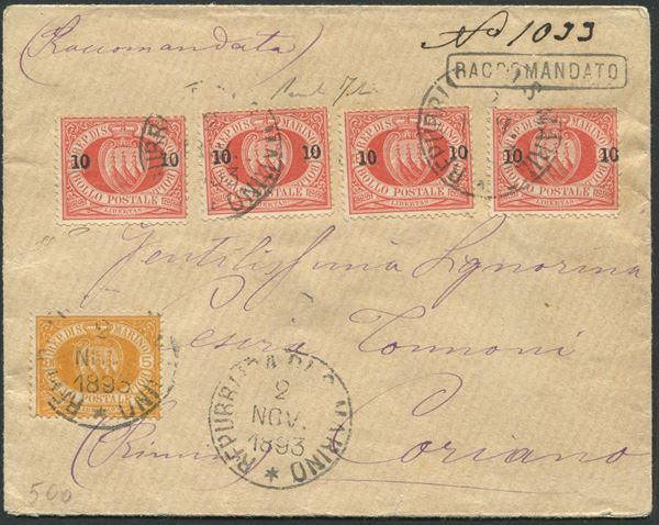 1893, S.Marino, Busta per Coriano del 2 novembre 1893, affrancata con. 5 cent. giallo e striscia di quattro del 20 c. rosso soprastampato “10-10” (2+11)