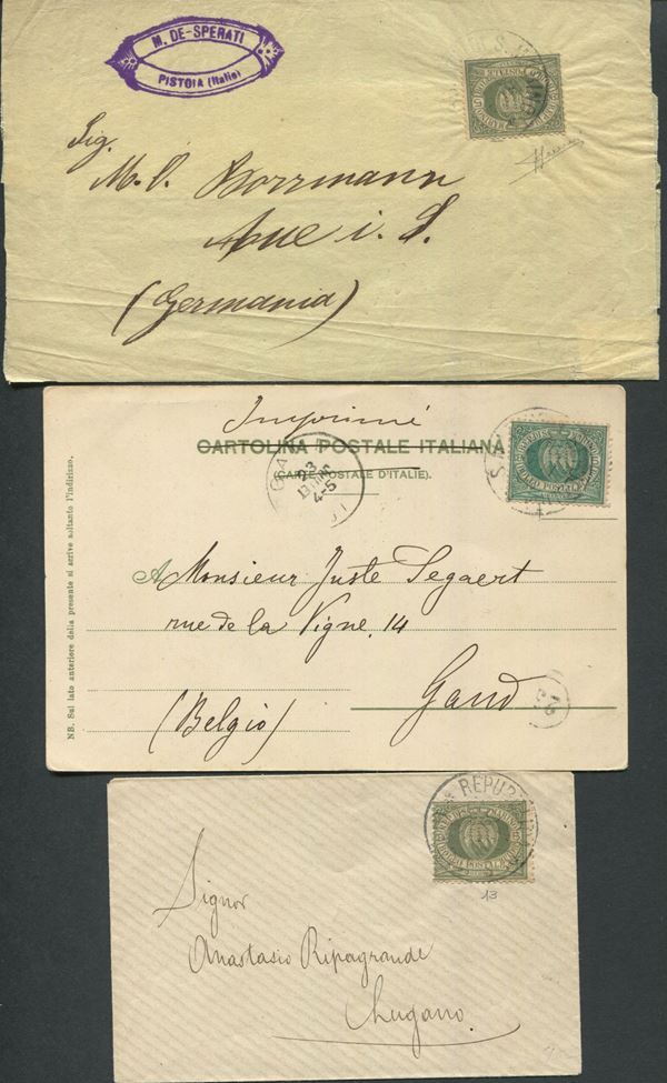 1892/94, S.Marino, Una fascetta e una piccola busta per l’estero, ognuna affr. con 5c. verdegrigio oliva (13a) e una cartolina per il Belgio con 5c. verde olivastro (13)