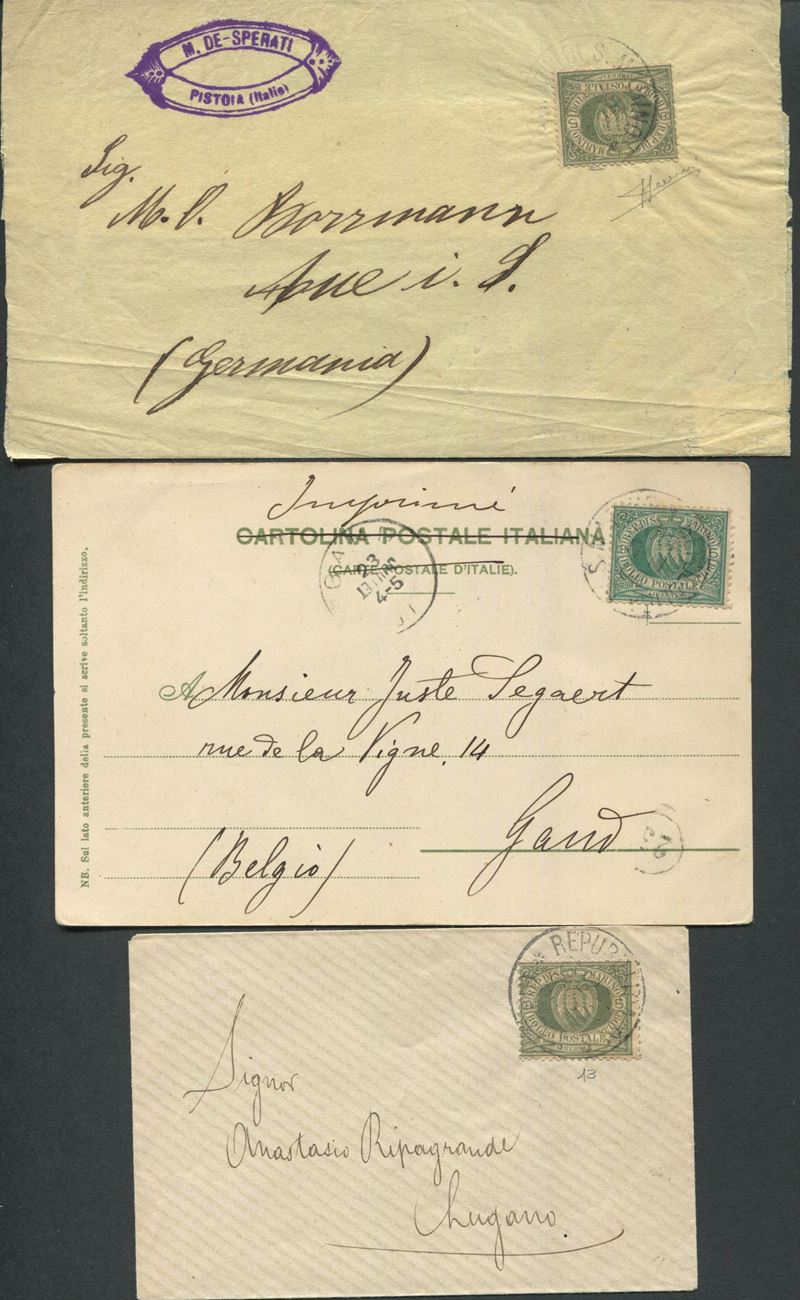 1892/94, S.Marino, Una fascetta e una piccola busta per l’estero, ognuna affr. con 5c. verdegrigio oliva (13a) e una cartolina per il Belgio con 5c. verde olivastro (13)  - Auction Postal History and Philately - Cambi Casa d'Aste
