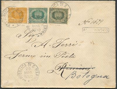 1899, S.marino, Busta Raccomandata per Rimini, Rispedita a Bologna, Affrancata con 5, 10 e 30 Cen...