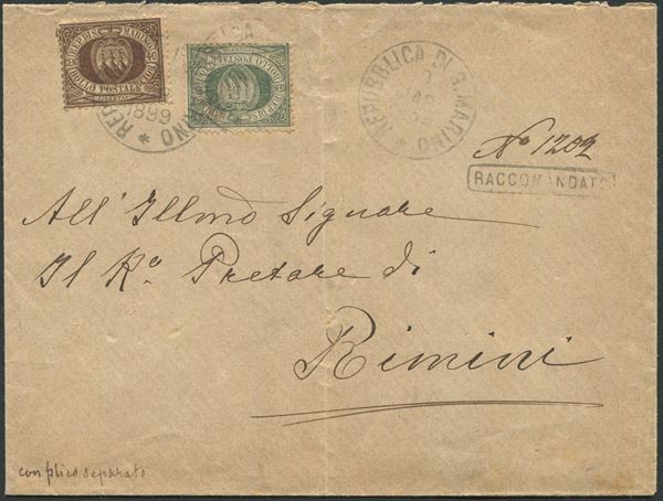 1899, S.Marino, Busta raccomandata per Rimini del 9 marzo 1899, affrancata con 5 cent. verdegrigio oliva e 40c. bruno (13,17)