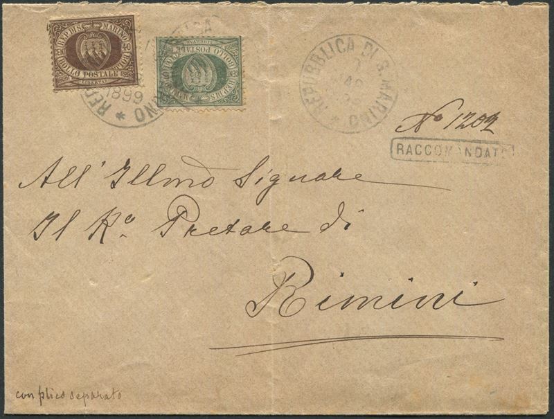 1899, S.Marino, Busta raccomandata per Rimini del 9 marzo 1899, affrancata con 5 cent. verdegrigio oliva e 40c. bruno (13,17)  - Auction Postal History and Philately - Cambi Casa d'Aste
