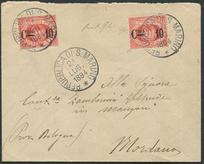 1894, S. Marino, Busta per Mordano (bo), Affrancata con Due Es. del 20c. Rossi con Soprastampa “C...
