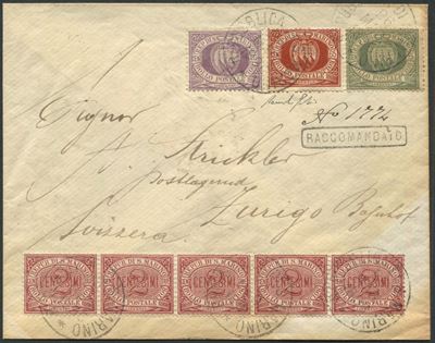 1896, S.marino, Raccomandata per Zurigo del 26/5/1896 Affrancata con 5c. Verde Olivastro, 20c. Li...