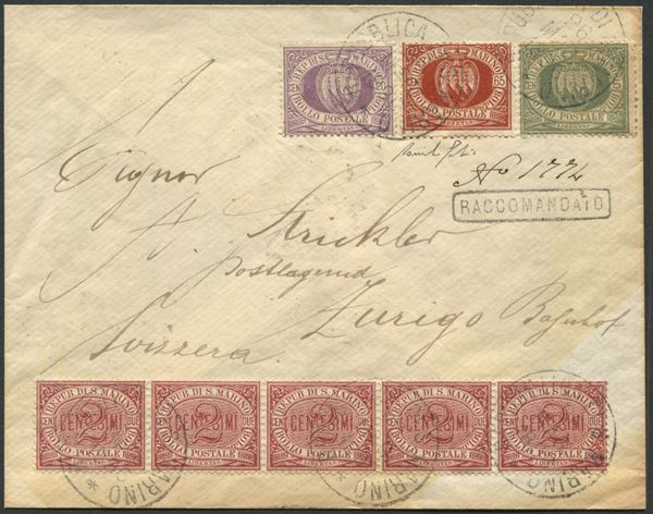 1896, S.Marino, Raccomandata per Zurigo del 26/5/1896 affrancata con 5c. verde olivastro, 20c. lilla, 65 cent. brunorosso e striscia di 5 del 2c, carminio (13, 19, 26, 29)