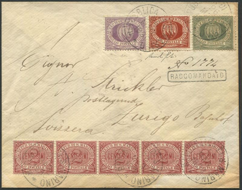1896, S.Marino, Raccomandata per Zurigo del 26/5/1896 affrancata con 5c. verde olivastro, 20c. lilla, 65 cent. brunorosso e striscia di 5 del 2c, carminio (13, 19, 26, 29)  - Auction Postal History and Philately - Cambi Casa d'Aste