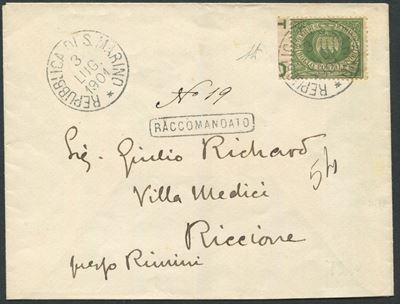 1901, S.marino, Raccomandata per Riccione del 3 Luglio 1901, Affrancata con 45c. Verde Oliva Bdf ...