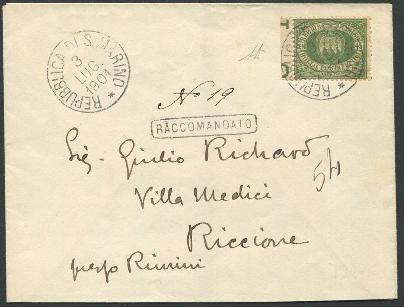 1901, S.Marino, Raccomandata per Riccione del 3 luglio 1901, affrancata con 45c. verde oliva bdf (18)  - Asta Storia Postale e Filatelia - Cambi Casa d'Aste