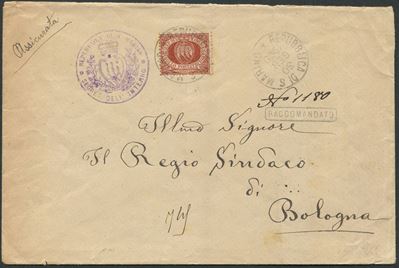 1900, S.marino, Raccomandata per Bologna del 30 Gennaio 1900, Affrancata con 65c. Bruno Rosso (19...