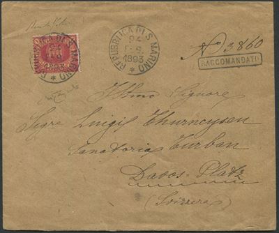 1893, S.marino, Raccomandata per Davos Platz Affrancata con 1 Lira Carminio su Giallo (20)