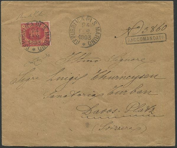 1893, S.Marino, Raccomandata per Davos Platz affrancata con 1 lira carminio su giallo (20)