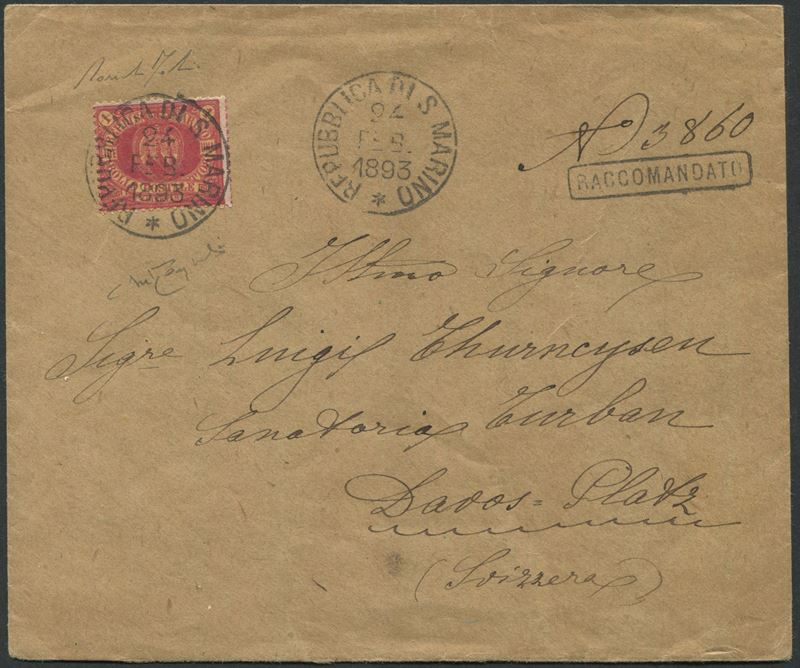 1893, S.Marino, Raccomandata per Davos Platz affrancata con 1 lira carminio su giallo (20)  - Auction Postal History and Philately - Cambi Casa d'Aste