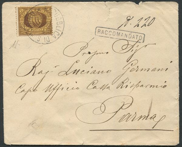 1895, S.Marino, Raccomandata per Parma, affrancata con 2 lire bruno su giallo (21a)