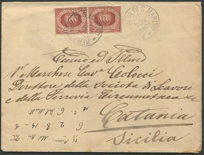1901, S.marino, Busta per Catania, Affrancata con Coppia del 10 Cent. Rosso Bruno (28)