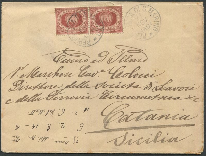 1901, S.Marino, Busta per Catania, affrancata con coppia del 10 cent. rosso bruno (28)  - Auction Postal History and Philately - Cambi Casa d'Aste