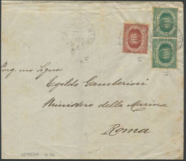 1903, S.Marino, Busta per Roma affrancata con coppia di 5 cent. verde e 10 cent. rossobruno (27, 28)